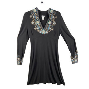 CACHE‎ Dress Womens Sz Medium Black Sheath Floral Trim V-Neck Long Slit Sleeve